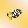 A novelty enamel pin of a wristwatch with the year 2026 engraved on it, set on the wrist of a skeletal hand.