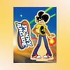 A cartoon-style acrylic panel featuring the character Johnathan Gabriel of Penny Arcade, with black hair, a yellow shirt with black iconography, and blue pants, posed next to a large 'PENNY ARCADE' logo on a blue and orange background. 