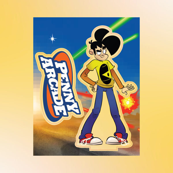 A cartoon-style acrylic panel featuring the character Johnathan Gabriel of Penny Arcade, with black hair, a yellow shirt with black iconography, and blue pants, posed next to a large 'PENNY ARCADE' logo on a blue and orange background. 