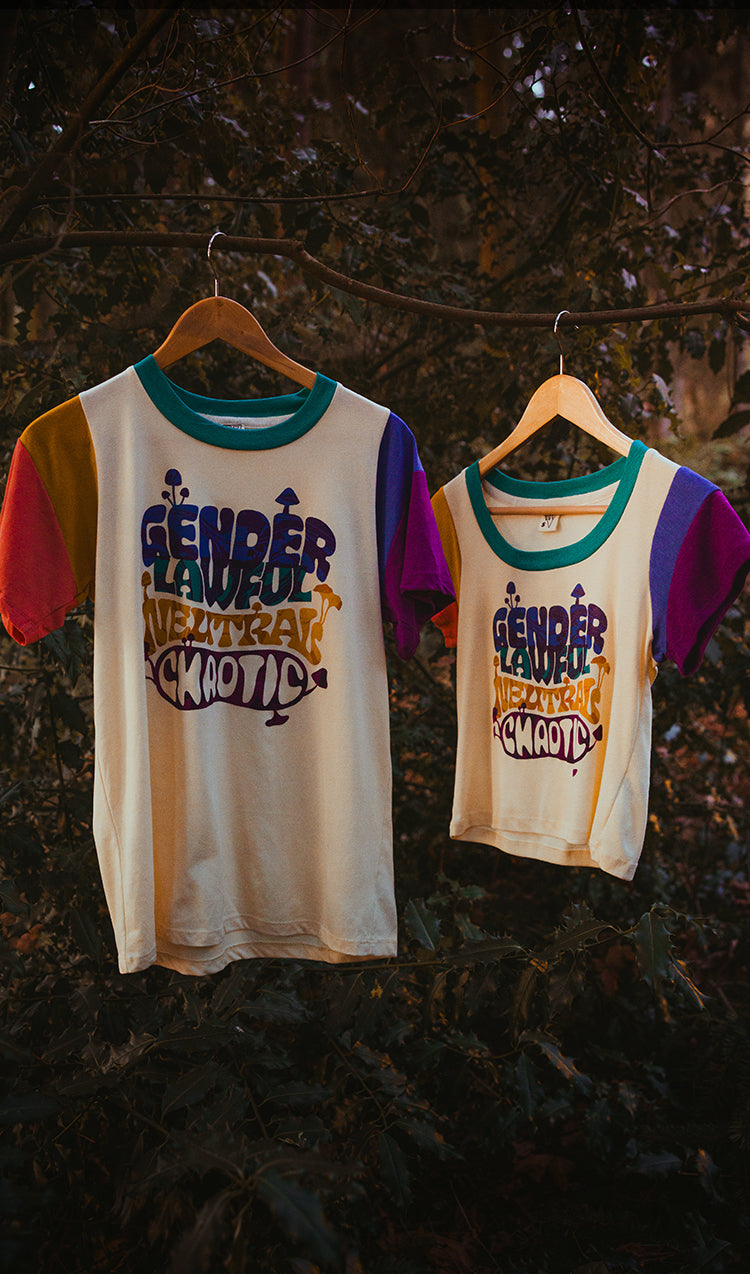 Gender Mycology Tee & Gender Mycology Cropped Tee hanging out in the forest