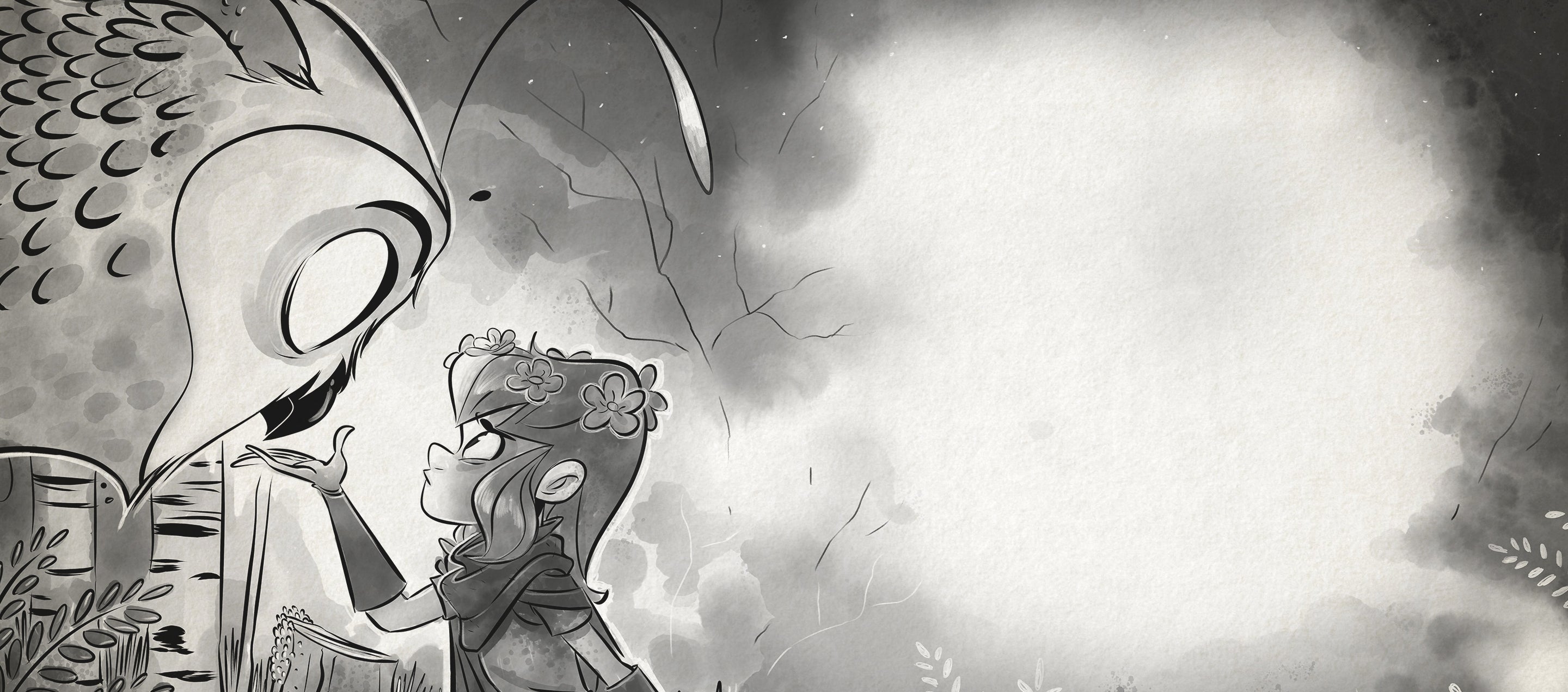 An Illustration by Mike Krahulik of a child with flowers in her hair with an outstretched hand to an owl.