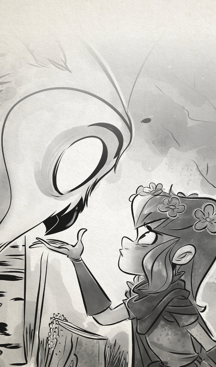 An Illustration by Mike Krahulik of a child with flowers in her hair with an outstretched hand to an owl.