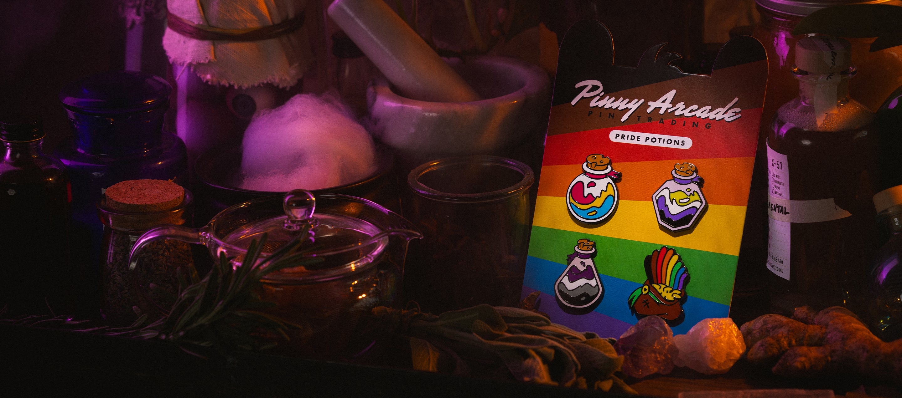 Pride Potions Pin Set in a apothecary